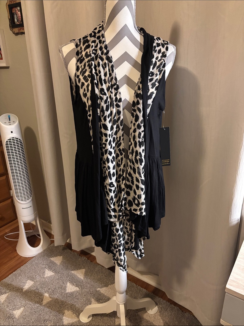 Always Indigo Black Sleeveless Vest with Monochrome Leopard Trim